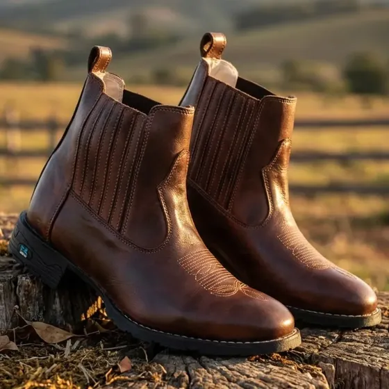Botina Country Em Couro Legítimo Bico Redondo