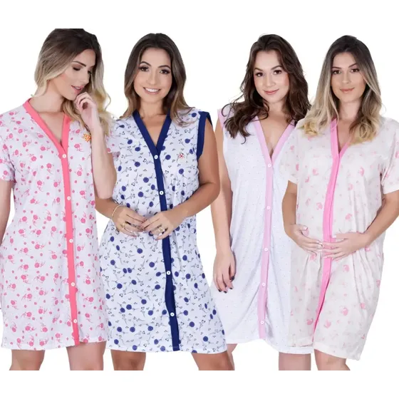 Kit Com 2 Camisola Gestante Amamentação Idosas Pós Cirurgias