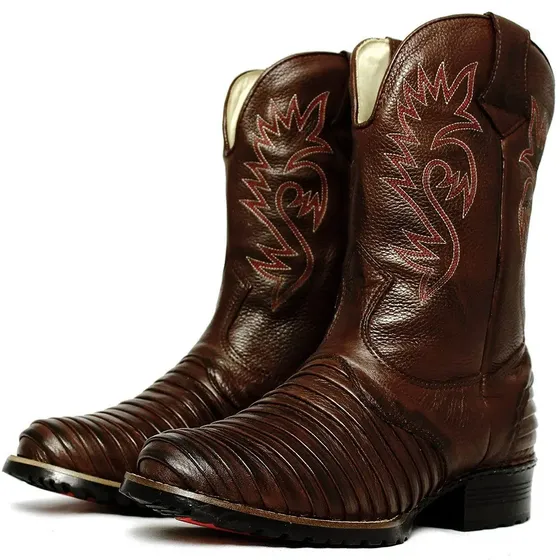 Bota Texana Country Casco Tatu Cano Alto Couro Palmilha Gel