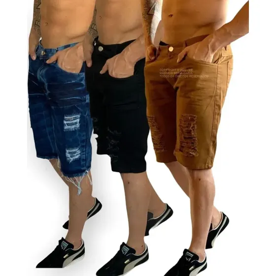 Kit Com 03 Bermudas Jeans Rasgadas Destroyed Masculina 20211