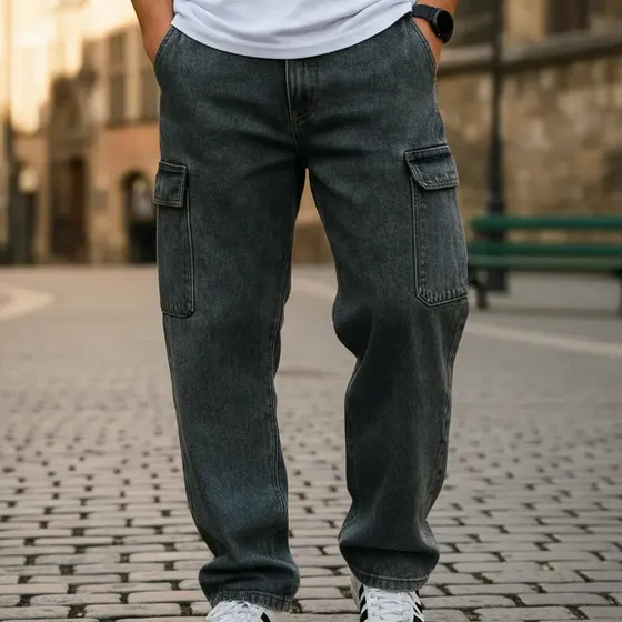 Calça Jeans Sarja Cargo Com Bolso Lateral Masculina Dazzling