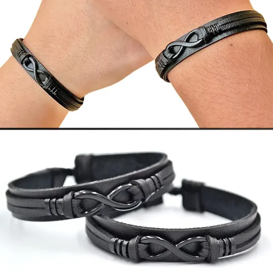 Kit 2 Pulseiras Infinito Preto Prata Casal Amizade Namoro