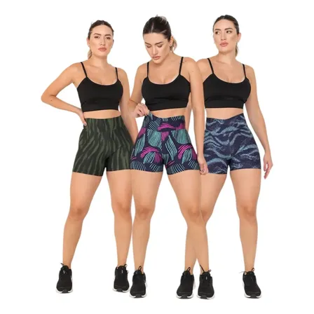 Kit 3 Shorts Curto Suplex Estampado Feminino Academia