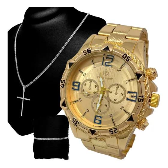 Kit Relógio Masculino Top Original + Corrente + Pulseira