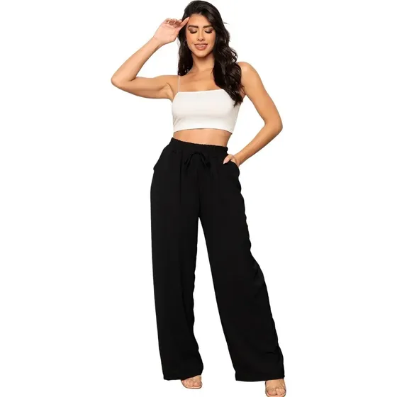 Calça Feminina Pantalona De Amarrar Duna Elastex Na Cintura