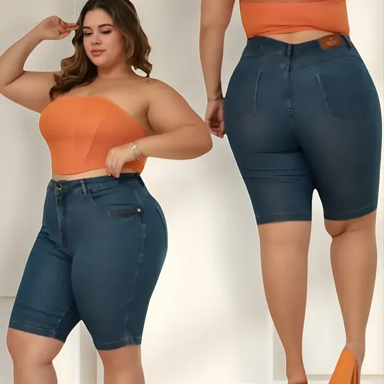 Bermuda Ciclista Feminina Jeans Plus Size Cintura Alta