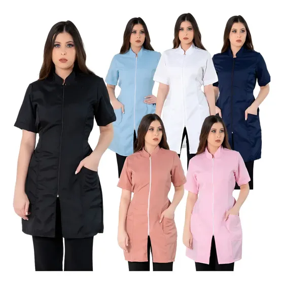 Jaleco Feminino Acinturado Oxford Manga Curta Gola Padre