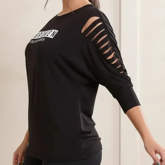 Blusa Feminina Manga Morcego 7/8 Preto Retalhada