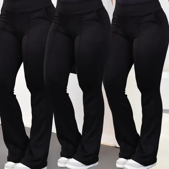 Kit 3 Calça Feminina Flare Cintura Alta Bailarina Com Bolsos