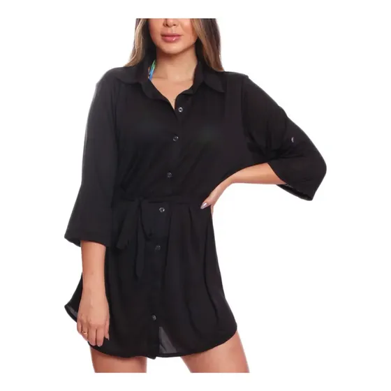 Saída De Praia Chemise Camisão Feminino Botão Cinto Verão