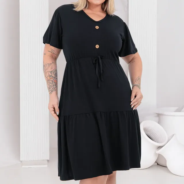 Vestido Plus Size Feminino Midi Viscolycra Botões Soltinho