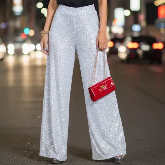 Calça Pantalona Paetê Tuda Forrada Cintura Alta Com Zipper