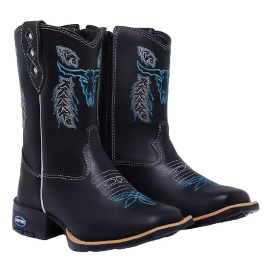 Bota Texana Infantil Couro Legitimo Bordado Boi Azul Country