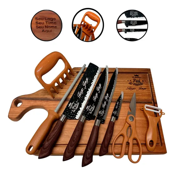 Kit 9 Peças Churrasco Profissional Tabua Nome Personalizado