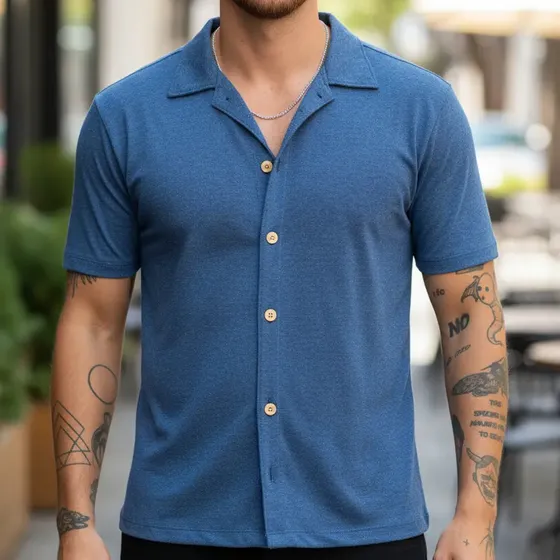 Camisa Masculina Slim De Malha Eco Com Botões De Madeira