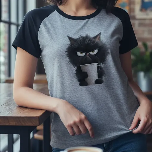 Camiseta Feminina Baby Look Gato Preto Mal Humorado I1460