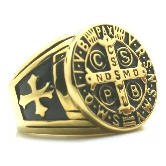 Anel Masculino São Bento Cruz Sagrada Banhado Ouro 18 K
