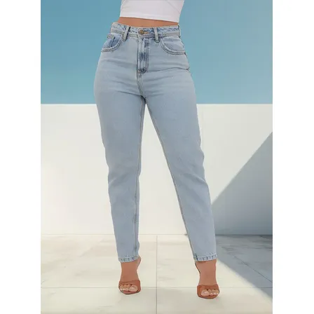 Calça Jeans Mom Feminina Cintura Alta Marmorizada 4 Bolsos