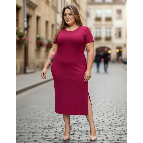 Vestido Midi Plus Size Manga Canelado Tubinho Fenda Lateral