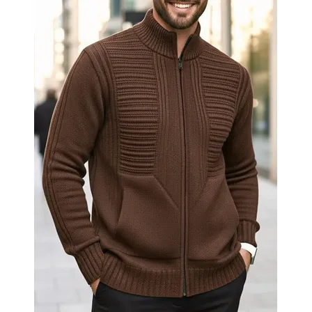 Jaqueta Masculina Preta Lã Tricot Inverno Com Bolso E Zíper
