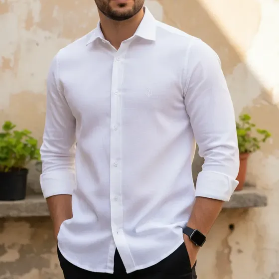 Camisa Manga Longa Colarinho Italiano Linho Slim Luxo Deluxe