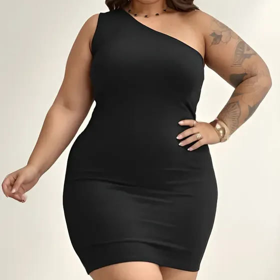 Vestido Plus Size Um Ombro Único Mula Manca Midi Feminino
