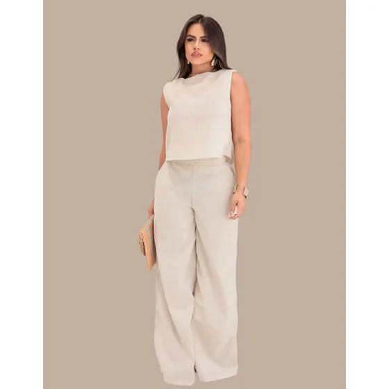 Conjunto Feminino Blusa Com Calça Pantalona Em Linho