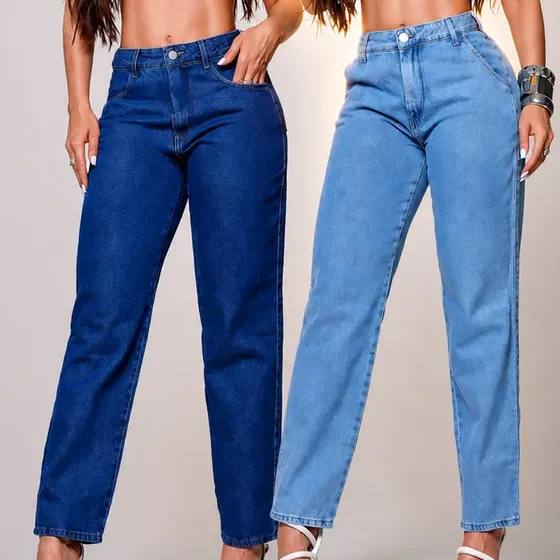Kit 2 Calcas Jeans Mom Feminina Cintura Alta Blogueira Moda