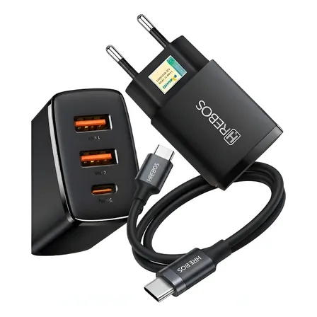 Hrebos Carregador Fonte Usb C Tomada Turbo 56w Triplo + Cabo