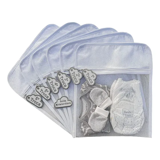 Kit 6 Saquinho Saco Maternidade Bebê Organizador Tag Bordado