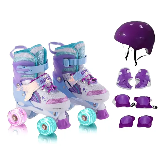 Patins Infantil Quad-rodas Led Rosa Arco-iris Com Protecao