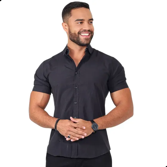 Camisa Social Masculina Manga Curta Slim Gola Italiana Lisa