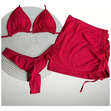 Biquíni Conjunto Trikini Kit 3 Peças Bojo Saia Moda Praia