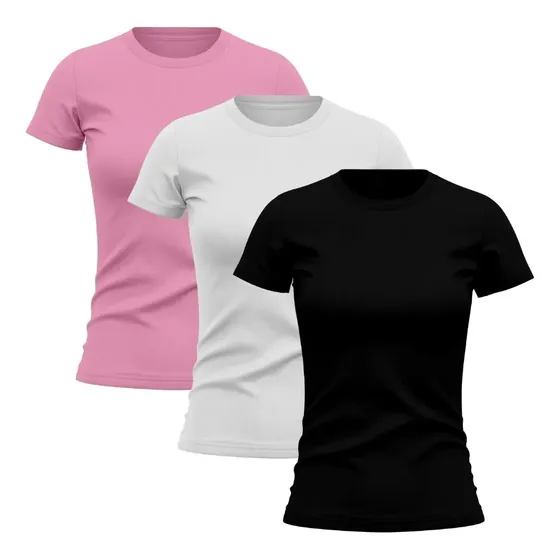 Kit 3 Camisetas Femininas Baby Look Básica Lisa Algodão