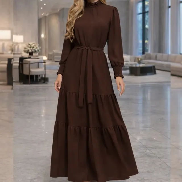 Vestido Longo Feminino Manga Longa Gola Alta Evangélico Luxo