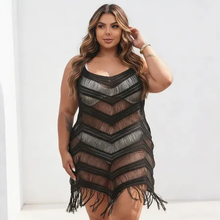 Saída De Praia Tricô Feminina Com Franjas Plus Size Tricot