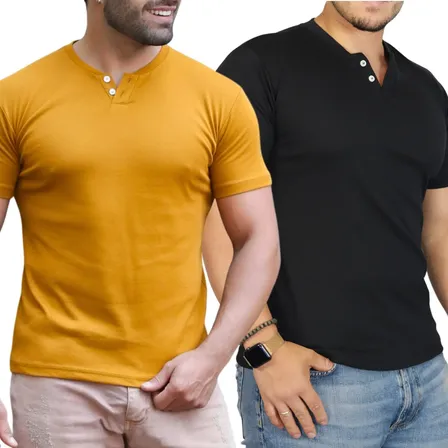 Kit 2 Camiseta Henley Masculina Slim 2 Botões Manga Curta