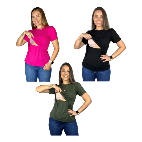 Kit 3 Blusas Amamentação Diversas Cores Premium Amamentar