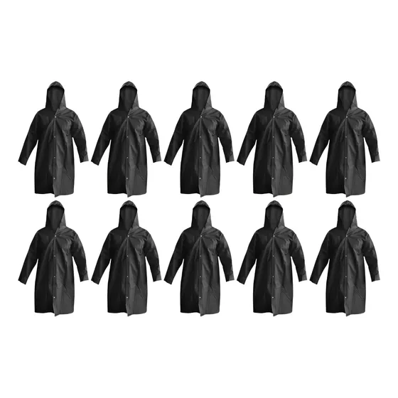 Kit 10 Capa De Chuva Preta Impermeável Pvc Forrado Com Capuz