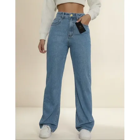 Bellabonita Calça Jeans Feminina Wide Leg Com Bolsos Fundo