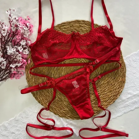Conjunto Lingerie Calcinha E Sutiã De Tule Poá C/ Cinta Liga
