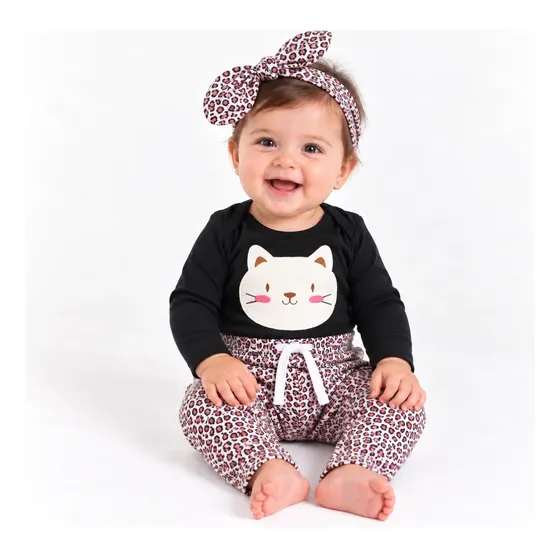 Conjunto Fofo Calça Onça Gatinha Com Faixinha Algodão