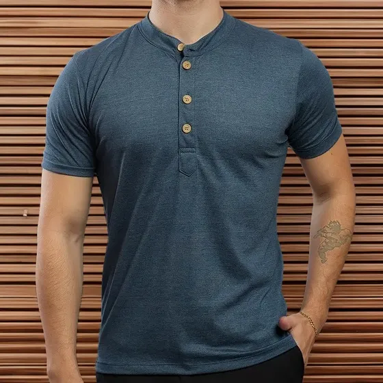 Camisa Gola Padre Henley Slim Malha Premium Varias Cores Eco