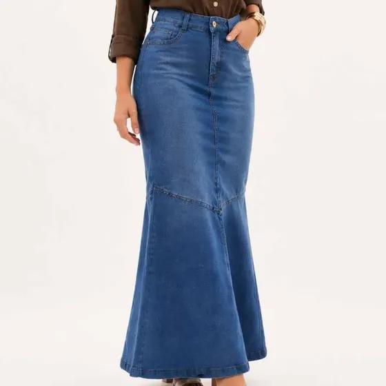 Saia Longa Jeans Sereia Moda Evangélica C/ Bolso Elastano