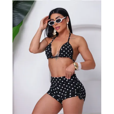Conjunto Biquíni Cortininha Short E Top Triângulo Ajustável