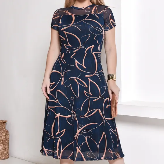 Vestido Feminino Em Malha E Tule Midi, Ajusta Ao Corpo