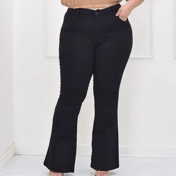 Calça Jeans Feminina Cintura Alta Plus Size Flare Com Lycra