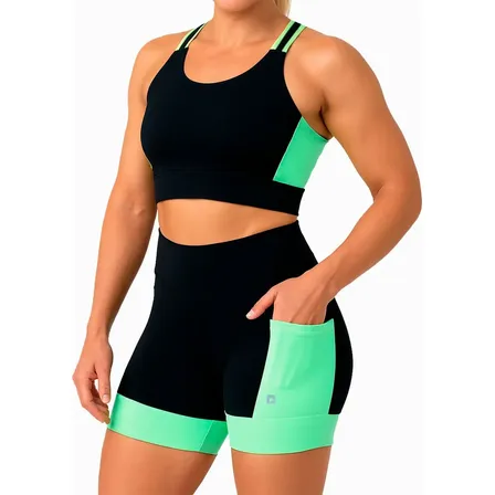 Conjunto Shorts Com Bolsos + Top Alta Sustentação Corrida