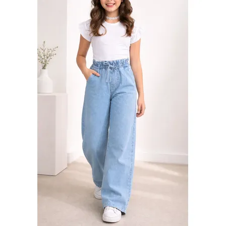 Calça Jeans Wide Leg 100% Algodão Juvenil Elástico Clochard