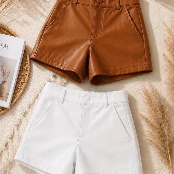 Kit Com 2 Shorts Feminino Couro Fake Cintura Alta Premium